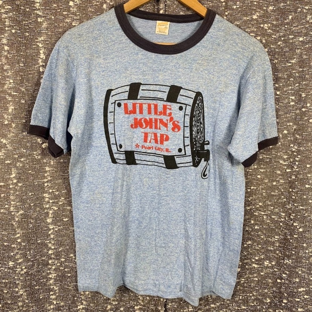 Vintage Little John's Tap Shirt Pearl City Il Sportswear Beer Keg Blue Shirt USA
